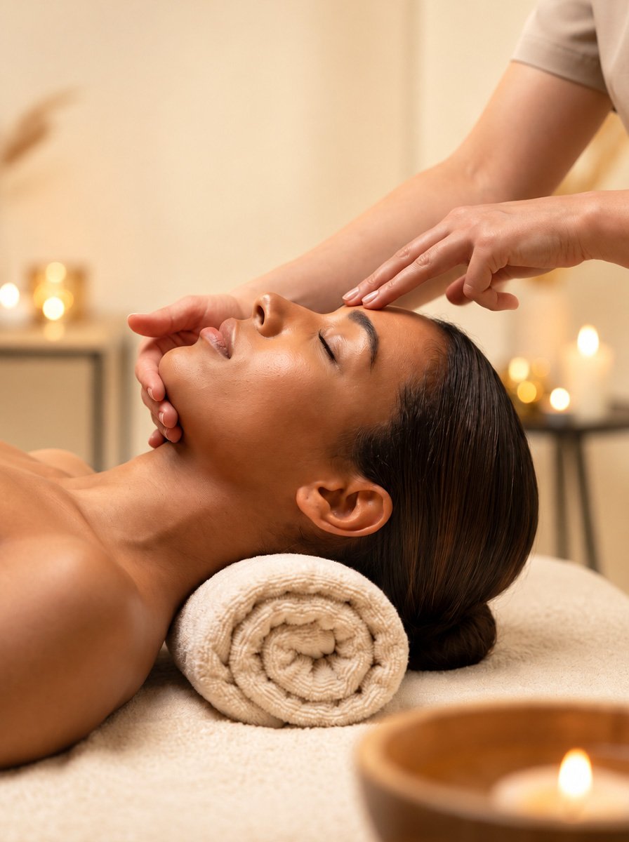 Client receiving a gentle face and forehead massage beside warm candlelight